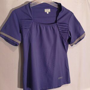 Running Room Ladies Size Medium Purple w/ Grey Short Sleeves Fitted Top